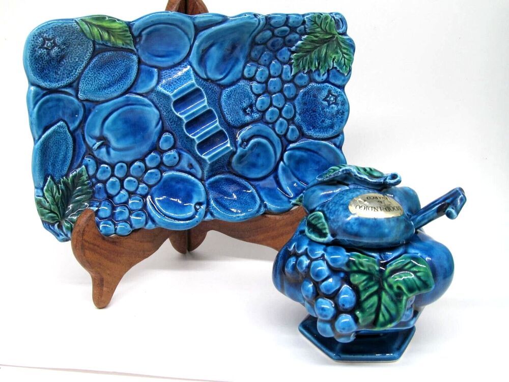 Inarco Mood Indigo Blue Embossed Ashtray And Condiment Jar With Spoon VGC